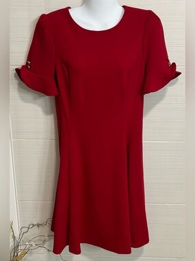 NWT DKNY Red Flounce Sleeve Flare Dress 8, Sophisticated Day-to-Night, Feminine